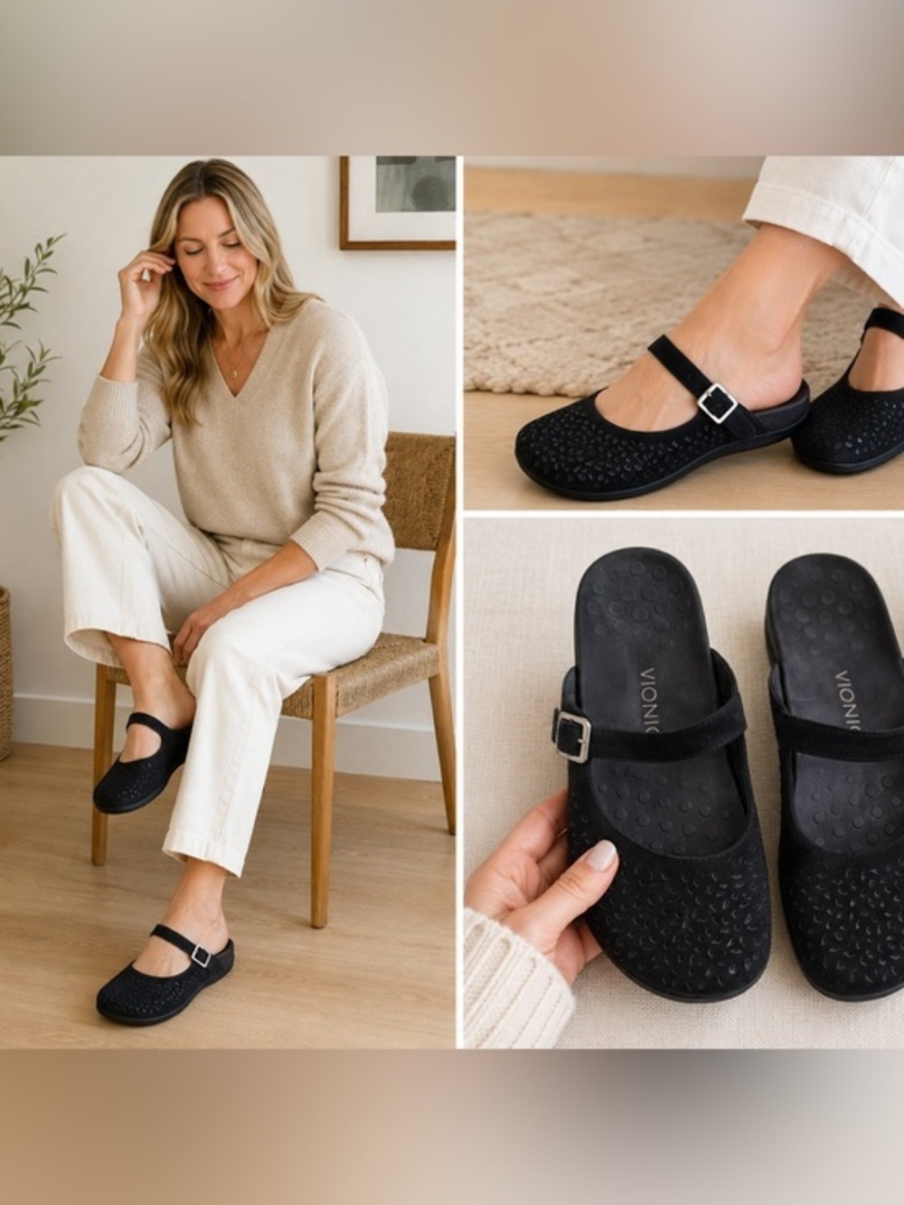 Vionic Black Suede Perforated Mary Jane Mule Sandals Shoes Size 9